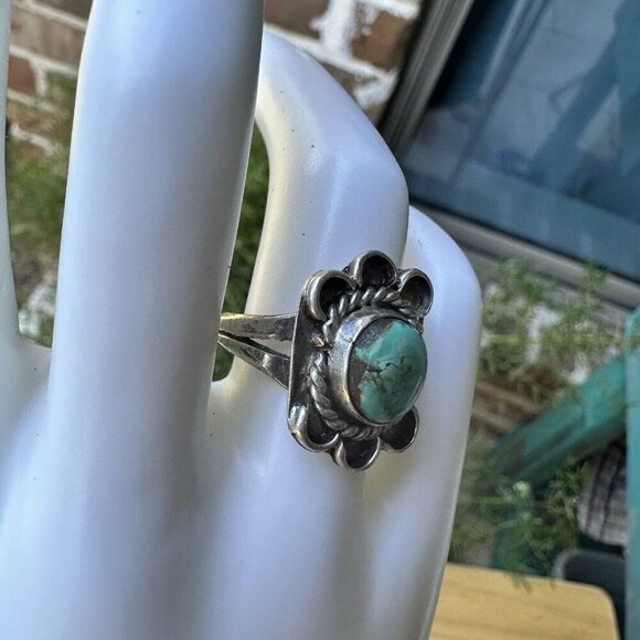 VTG Native American Old Pawn Ring Size 7 Sterling Silver Turquoise Floral 6.3g - Picture 3 of 10
